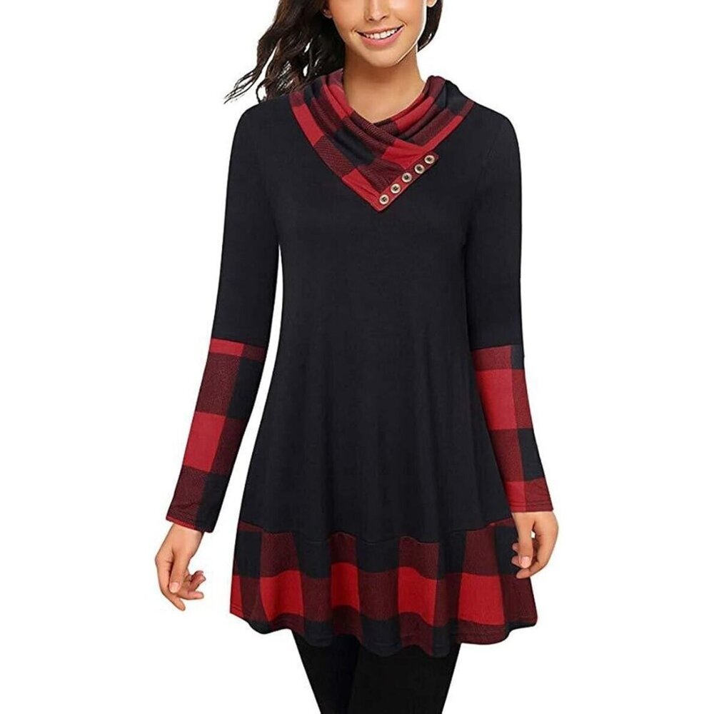 Miusey Women's Long Sleeve Shirt Button Print Tunic Black M A000549